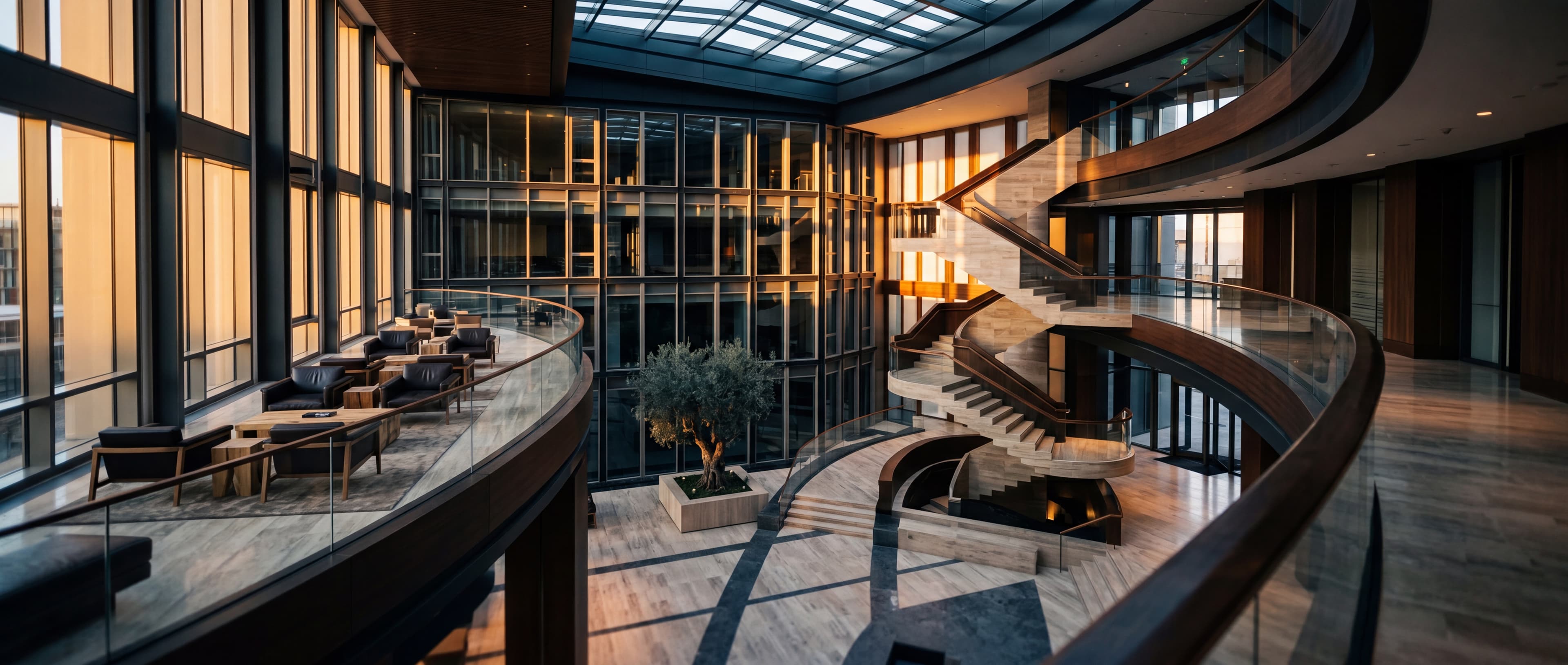 Modern atrium of a global advisory firm at golden hour